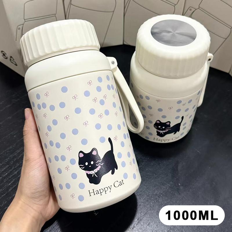 Süße Katze & Herz Aufdruck Isolierte Wasserflasche, 700/1000ml Edelstahl Thermosflasche mit Tragbarem Griff für Kinder und Erwachsene