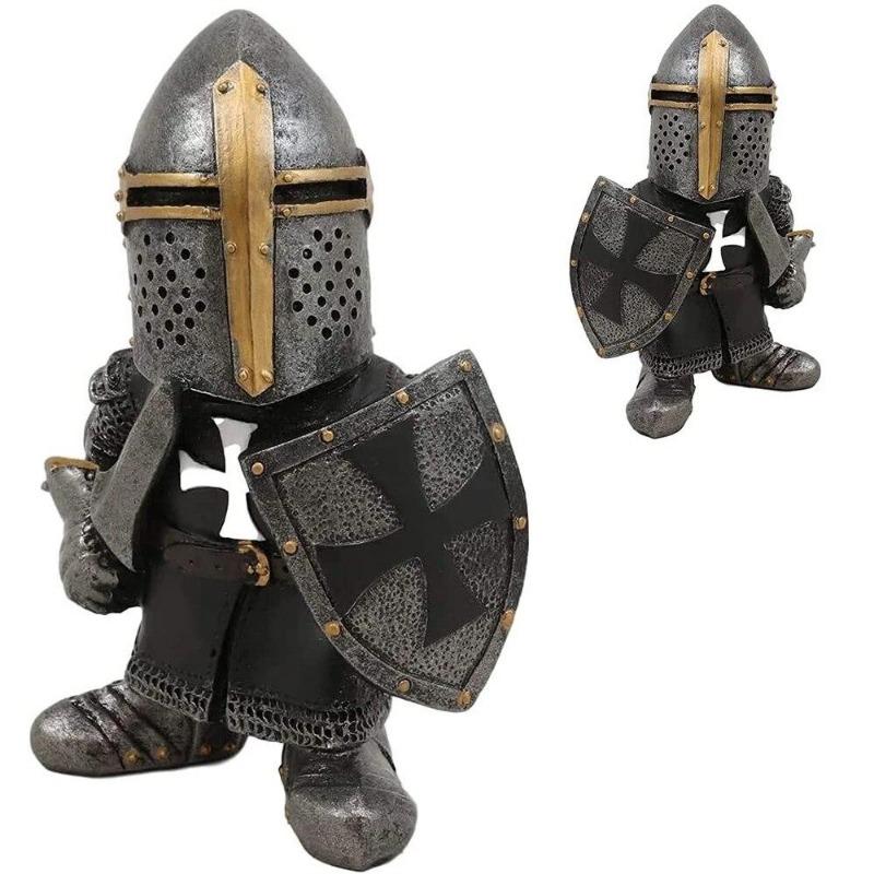 Knight Gnomes Guard Sculpture Decor Medieval Knight of The Cross Templar Crusader Figurine Suit of Armor Home Resin Decor