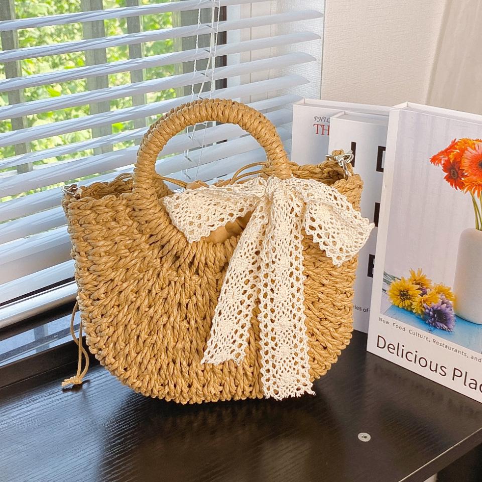 Women Straw Woven Bag Fashion Shoulder Bag Large Capacity Handwoven Tote Bag Drawstring Chic Hobo Bag Summer Beach Bag KTB