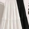 Women White Lace Tiered Midi Skirt Elastic Waist Flowy A Line Skirt With Lining