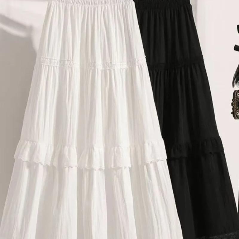 Women White Lace Tiered Midi Skirt Elastic Waist Flowy A Line Skirt With Lining