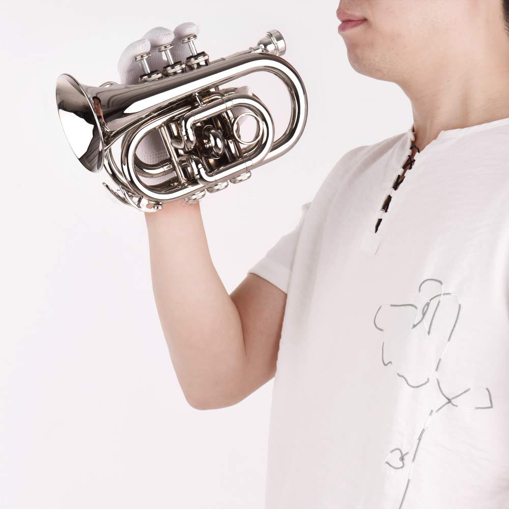 Funien Mini Pocket Trumpet, Bb Flat, Brass, with Mouthpiece, Gloves, Cleaning Cloth, and Carrying Case
