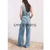 V Neck Sleeveless Waist Denim Vest 17071272 High Waist Loose Wide Legs Length Denim 17091272