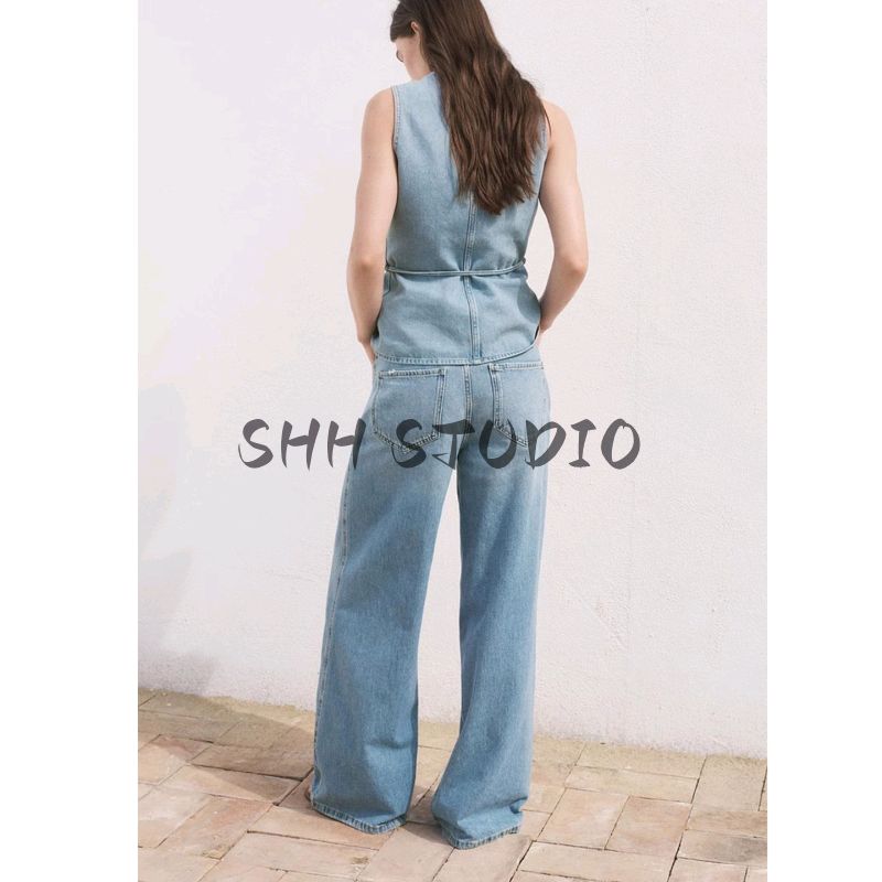 V Neck Sleeveless Waist Denim Vest 17071272 High Waist Loose Wide Legs Length Denim 17091272