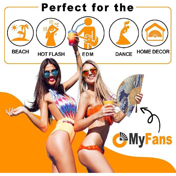 Hand Fan for Women Foldable - Folding Chinese Japanese Vintage Bamboo Silk Fan - Ideal for Hot Flashes, Church, EDM, Festivals, Dancing and Gifts