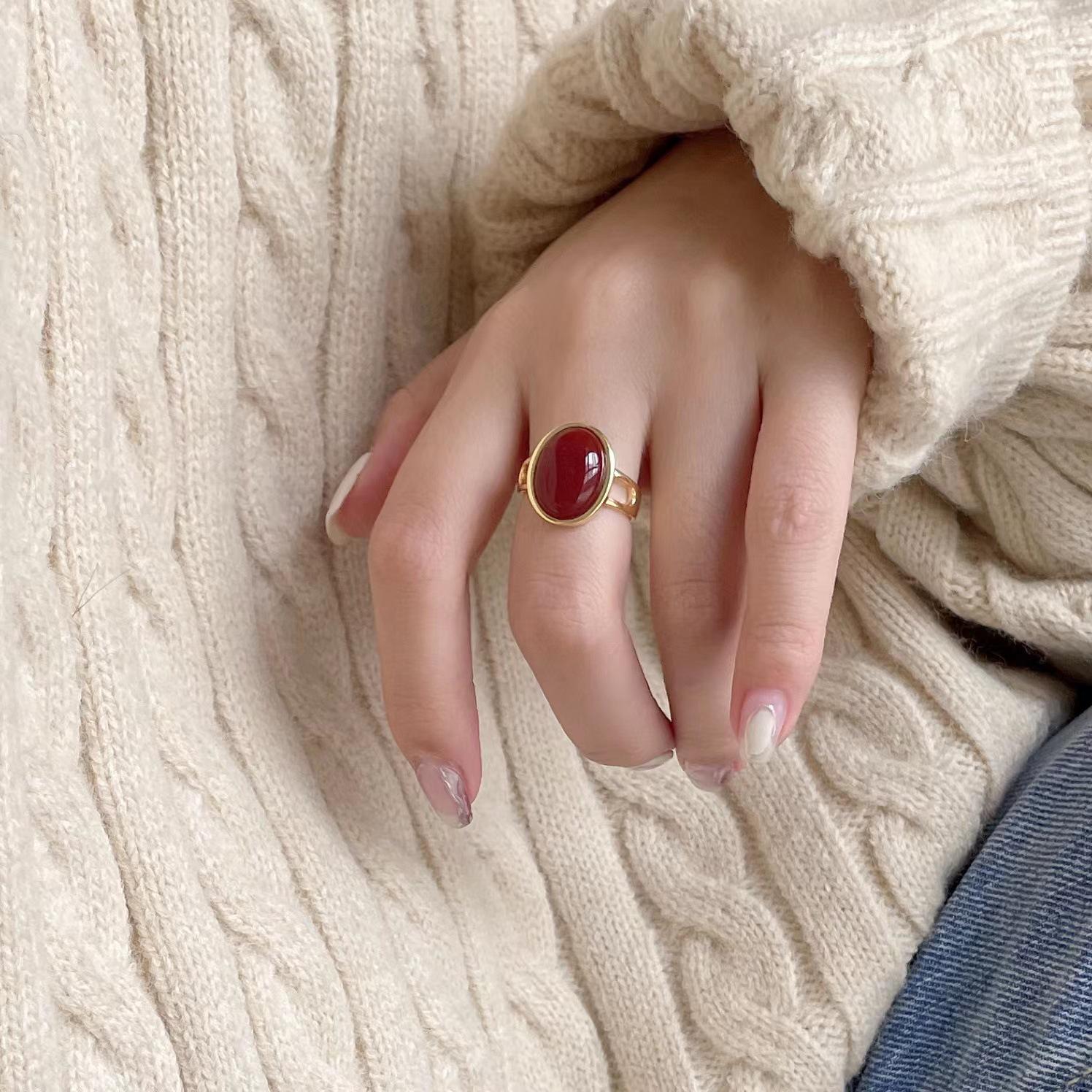 Geometric Oval Red Zircon Ring: Adjustable French Style Luxury for Women Adjustable Open