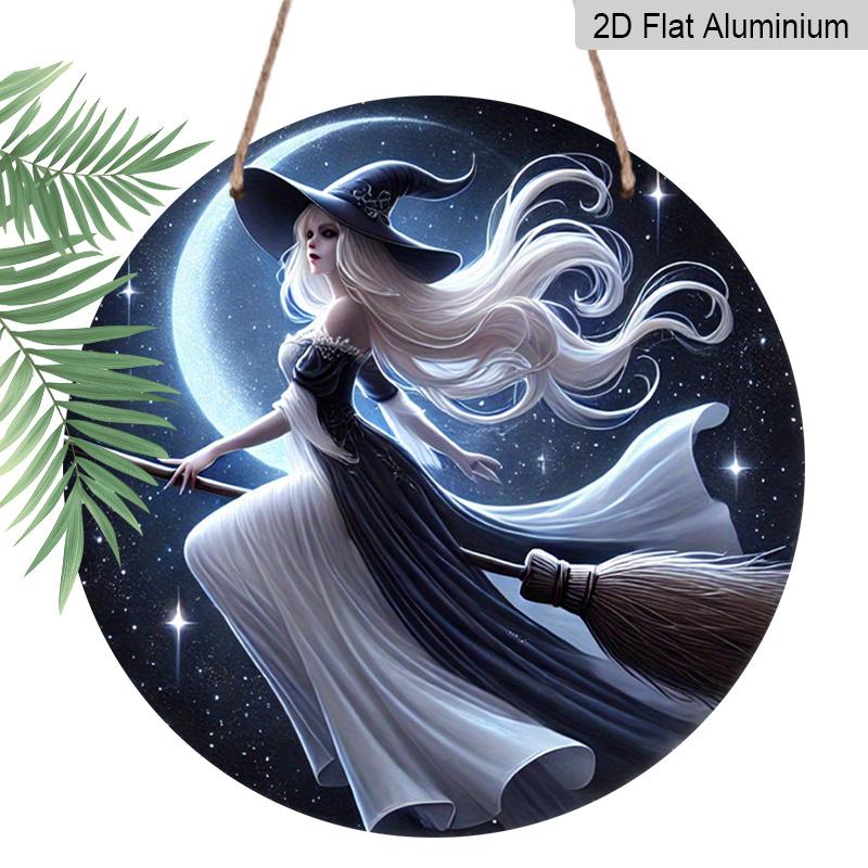 2D Flat 1pc, Printed Round Aluminum Metal Signage - Witch On a Broomstick, 8x8 In, Suitable for Door Decoration, Wall Decoration, Home, Room