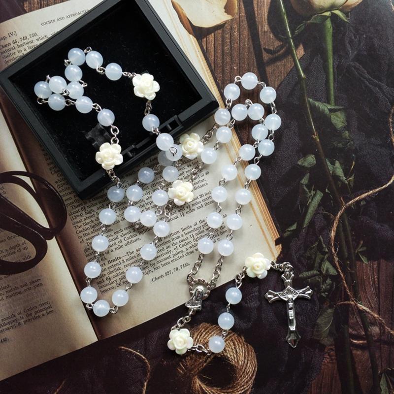 62KD 8mm Rosary Beads Flower Luminous Necklace with Jesus Crucifix for Cross Pendant Necklaces Glow in Dark Religious Jewelry