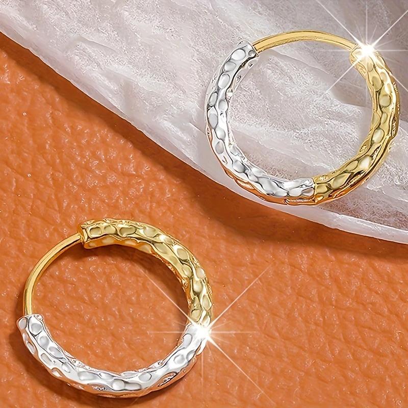 

Huitan Chic Two Tone Hoop Earrings for Women Hammered Texture Pattern Metal Small Circle Earrings Daily Wear Statement Zircon