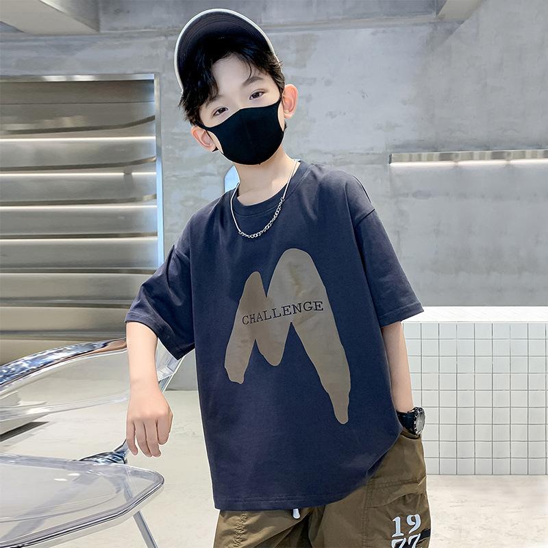

Boys Short Sleeved T-shirt Children s T-shirt Loose Letter Round Neck Top Summer Children s Clothing 170 темно-синий