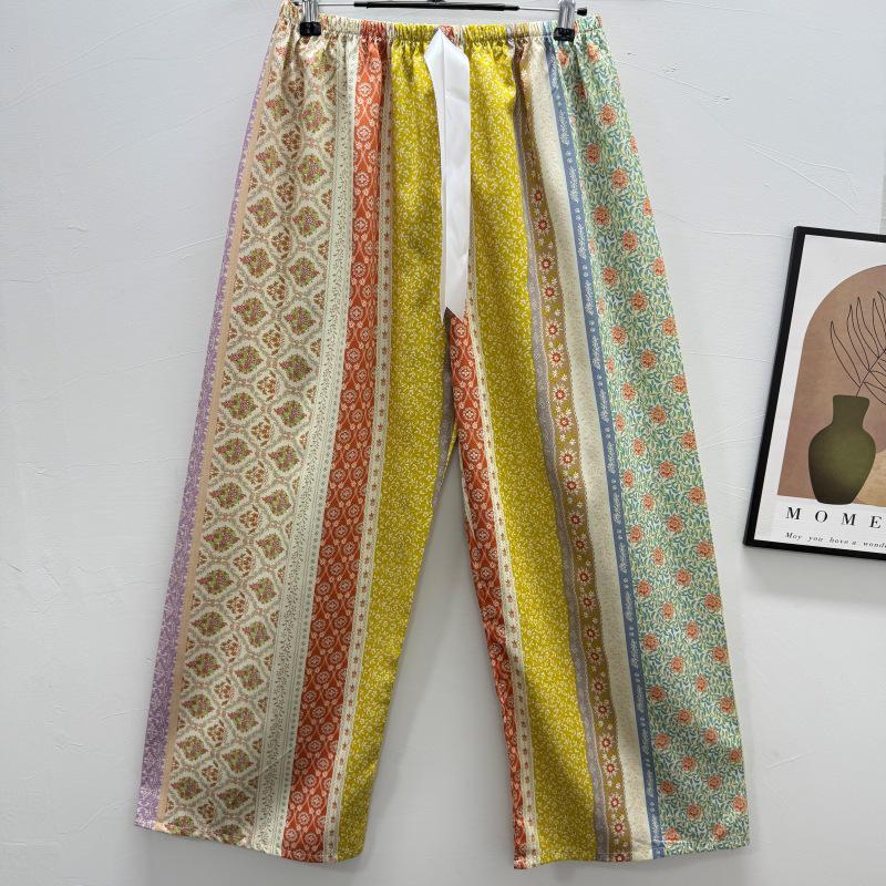 Damen-Blumen-Baumwoll-Seiden-Pyjama - Große Größen, Sommer, Leicht, Für draußen, Gerades Bein, Lockerer Schnitt