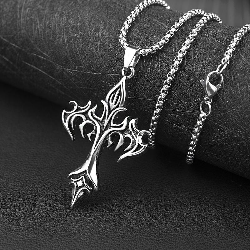 Classic Steel Warrior Men s Cross Amulet Necklace Fashion Flame Christian Simple Trend Men s Women s Pendant Lucky Gift 50cm