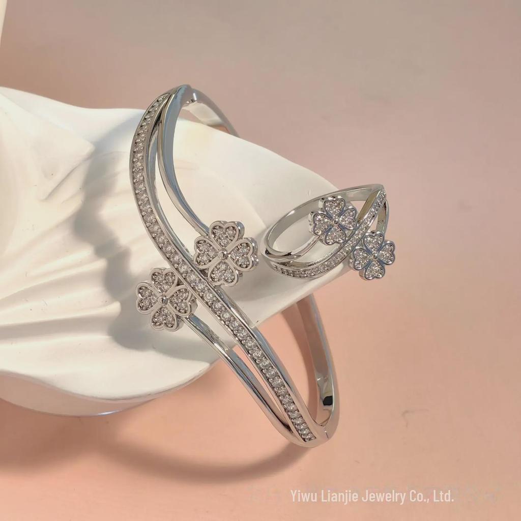 18K Gold Electroplated Four-Leaf Clover Bracelet and Ring Set with Diamonds