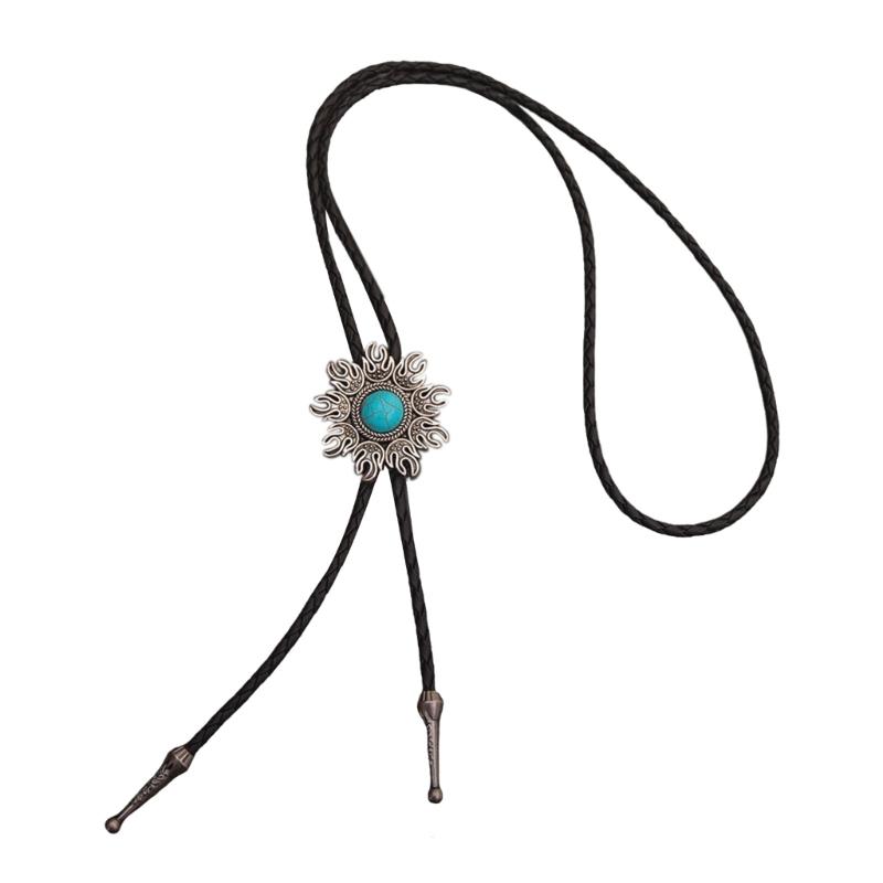 Bolo Tie for Women Men Western Bolo Tie Vintage Metal Flower Trim Stone Pendant Faux Leather Rope Necktie Tie Necklace