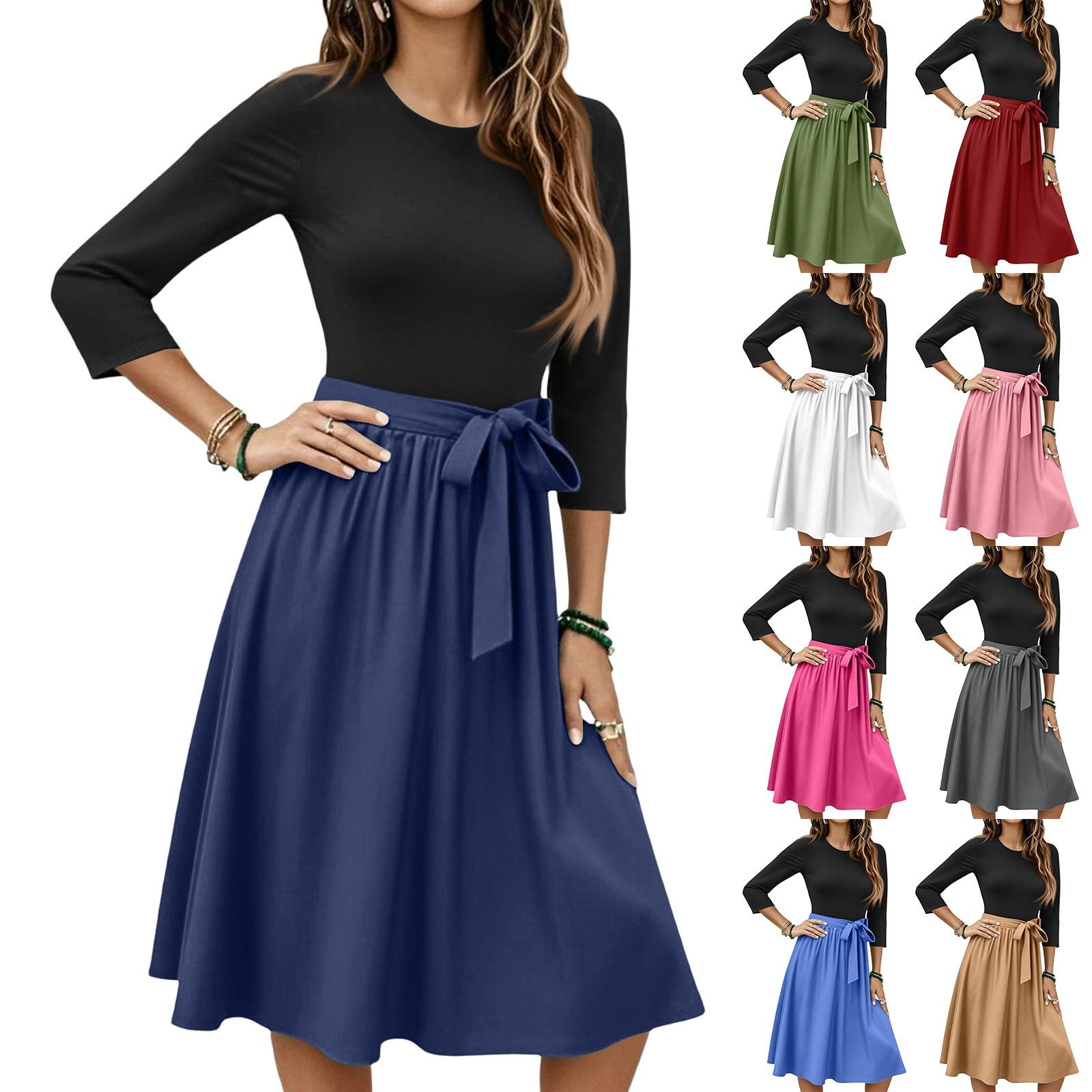 

Women s Fashion Casual Waistband Seven Sleeve Round Neck Solid Color Flowy Dresses XL червоний