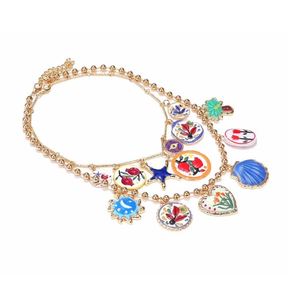 Metal Chain Enamel Floral Necklace Layered Bohemian Collarbone Chain Flower Pendant Necklace Gift
