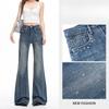 Spring Full Star Rhinestone Non Cling High Waist Floor Micro Flare Shiny Denim Pants For Women Casual Pants Oversize Denim Trousers