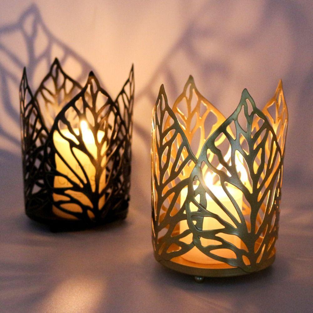 

Nordic Antique Candlestick Ornament Iron Art Iron Candle Stand Hollowed Leaf Candle Holder Table