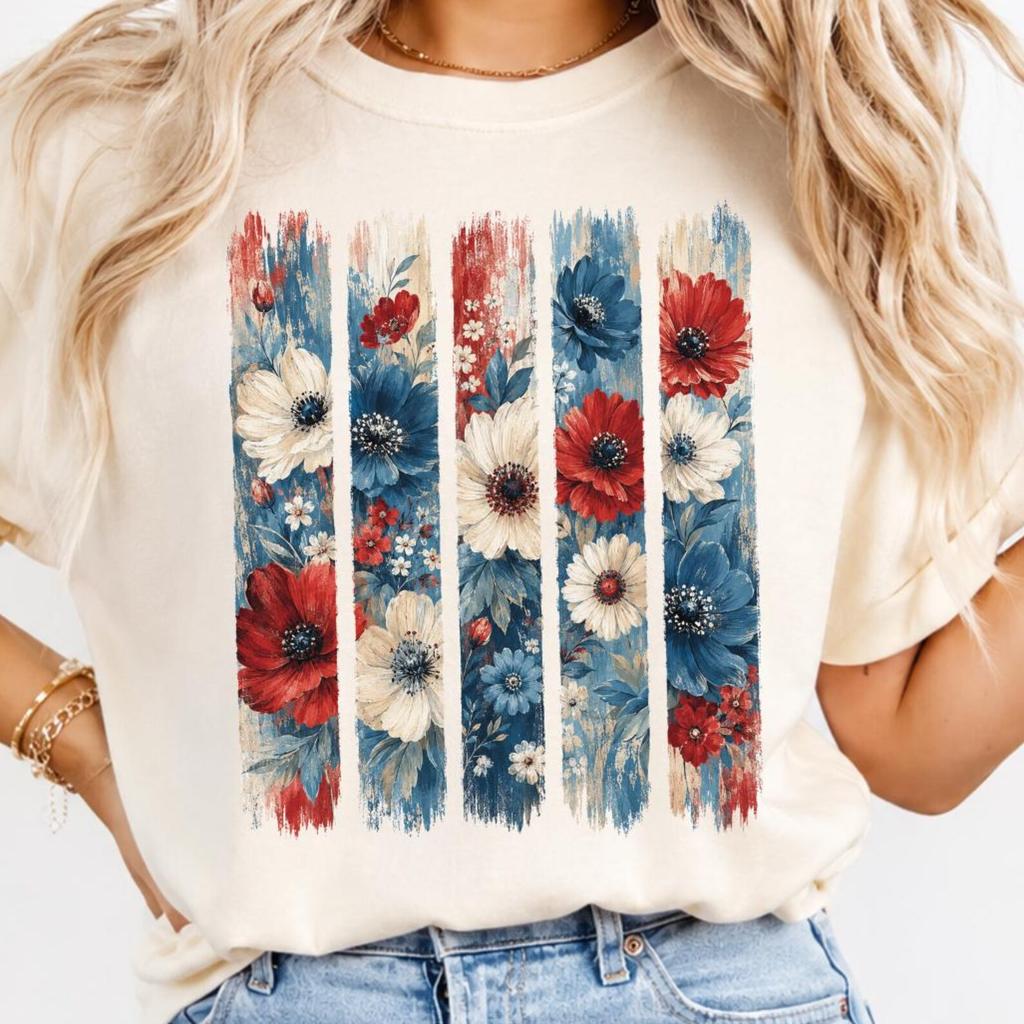 Summer Floral Comfort Colors Shirt, Retro Americana Shirt, Red White Blue Flower Tee, Patriotic Floral Shirt, 4th of July Women Shirt