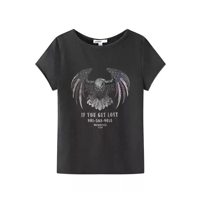 2025 Sexy Eagle Print T-Shirt Short Sleeve Summer New round Neck Retro Short Slim Fit Slimming Top Women