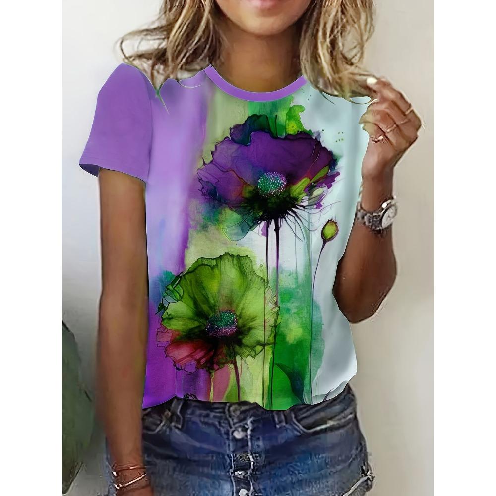 Ink Painting Floral T-Shirts Flower 3D Print Women Summer Short Sleeve Round Neck T Shirt Tees Harajuku Y2K Tops Female Clothing
