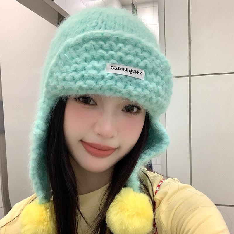 Cute green knitted hairball ear protection hat women's autumn and winter Korean flying hat wool hat warm Lei Feng hat tide