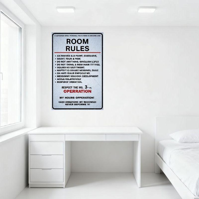 Retro Light Blue Black Red Text Room Rules Distorted Mirrored Metal Tin Sign for Bar Cafe Home Office Man Cave Decor (12x8 Inch)