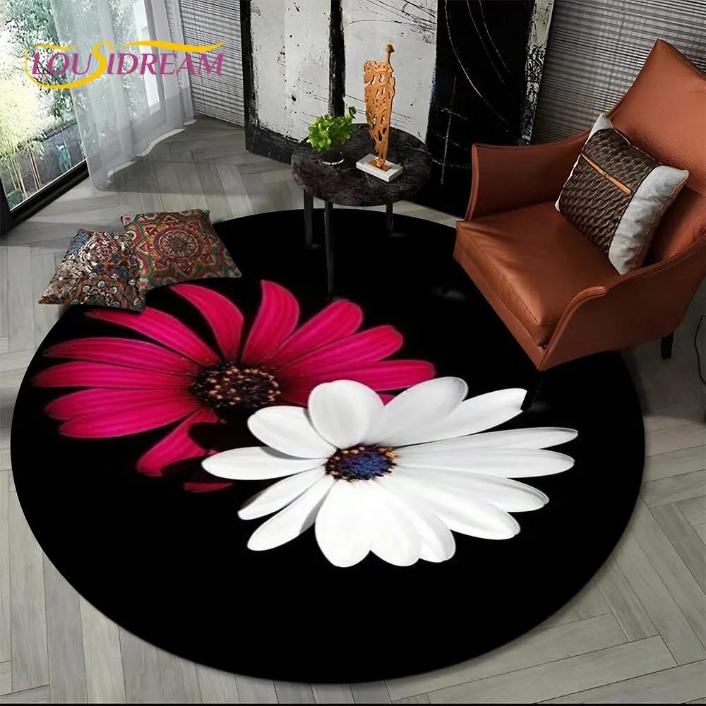 3D Daisy Nordic Flower Sunflower Round Area Rug,Carpet for Living Room Children's Bedroom Sofa Playroom Decor,Non-slip Floor Mat