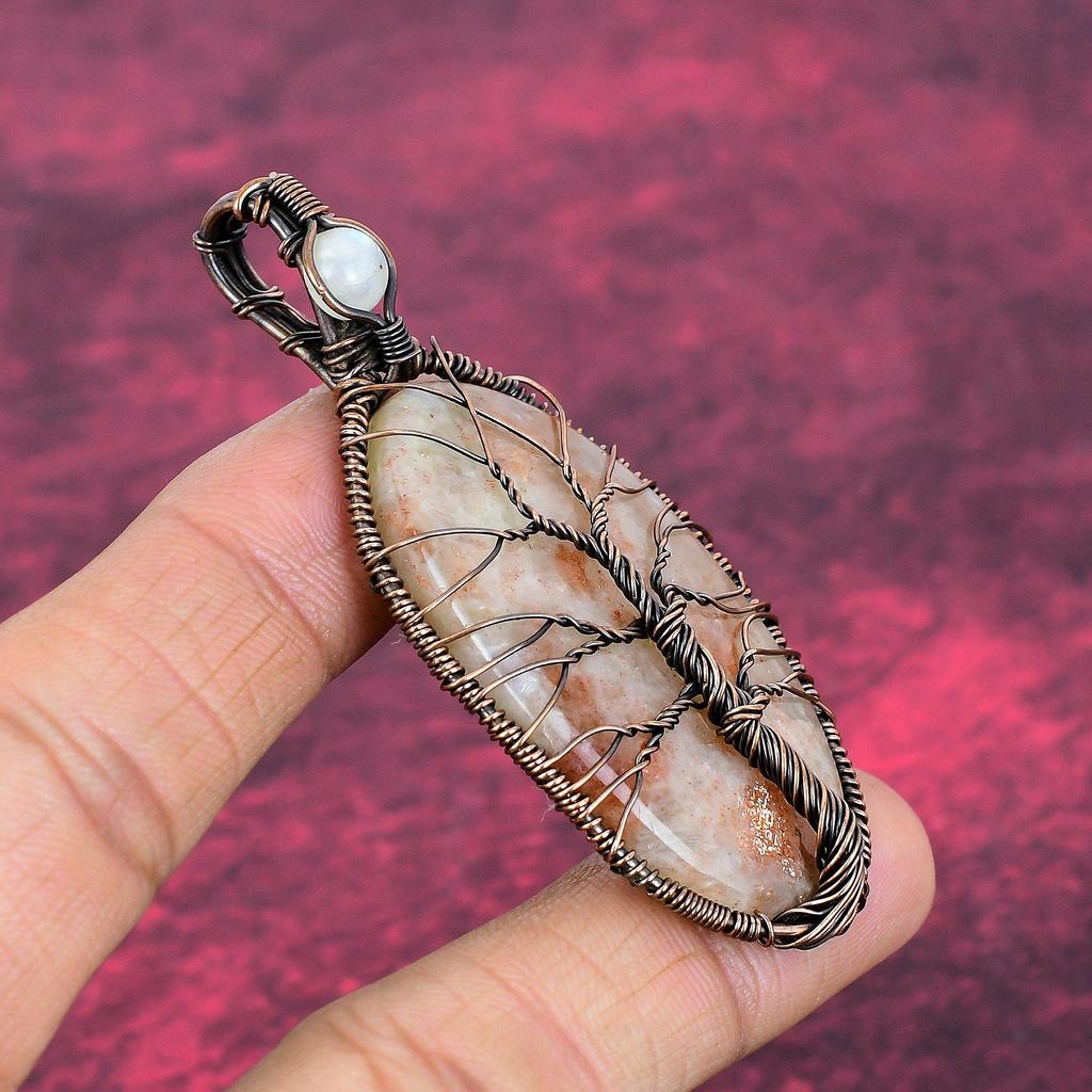 Tree Of Life Sunstone Gemstone Pendant Copper Wire Wrapped Moonstone Jewelry