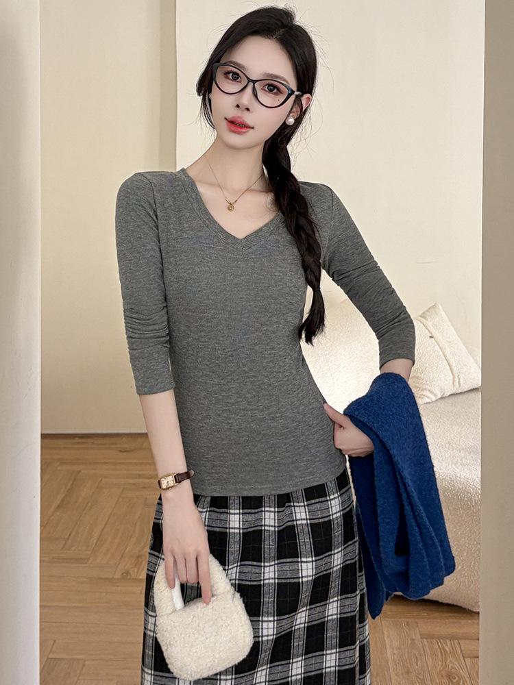 T-shirt Noir à Manches Longues et Col en V pour Femme avec Velours Intérieur, Collection Automne/Hiver 2025, Haut de Sous-vêtement Polyvalent