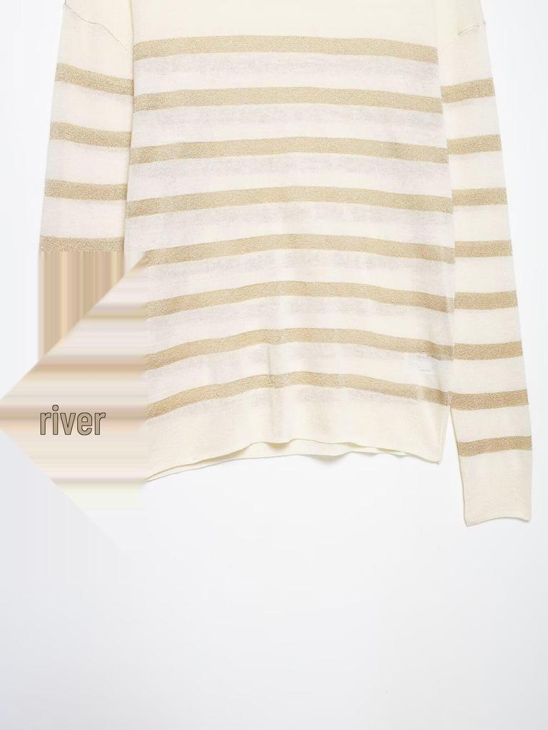 2026 Spring Women's Metallic Thread Knit Striped Sweater - European & American Style, Round Neck, Color 7174
