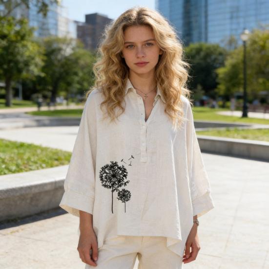 Women Shirt Lapel Buttons Half Placket Batwing Long Sleeve Shirt Tops Loose Fit A-Line Dandelion Print Casual