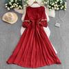 Ethnic Style Red Splicing Woven Fringed V-neck Long-sleeved Dress Women's Summer Waist and Thin Big Swing Dress
