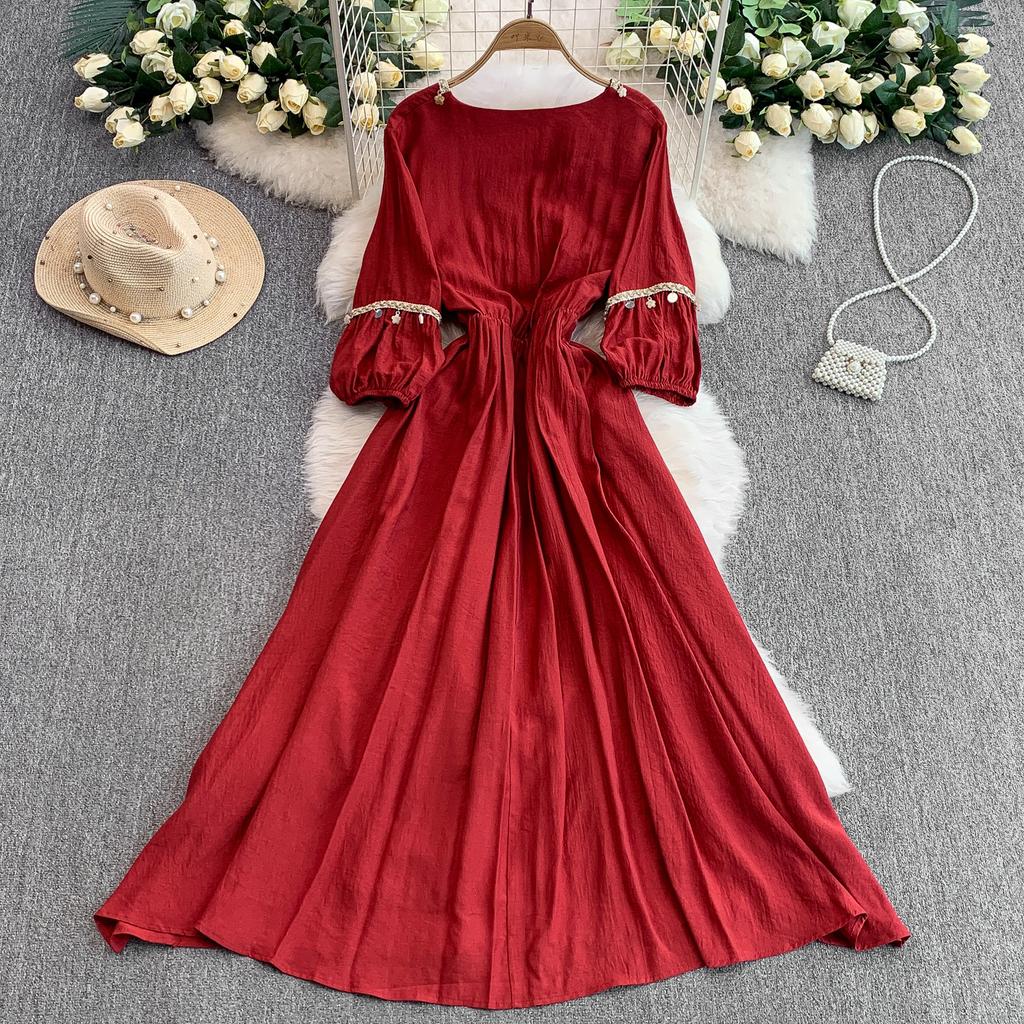 Ethnic Style Red Splicing Woven Fringed V-neck Long-sleeved Dress Women's Summer Waist and Thin Big Swing Dress