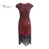 Vestito da sera vintage con paillettes da donna, senza maniche, scollo tondo, chiusura lampo posteriore, orlo con frange, a tubino, vestibilità aderente