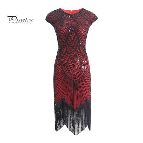 Vestito da sera vintage con paillettes da donna, senza maniche, scollo tondo, chiusura lampo posteriore, orlo con frange, a tubino, vestibilità aderente
