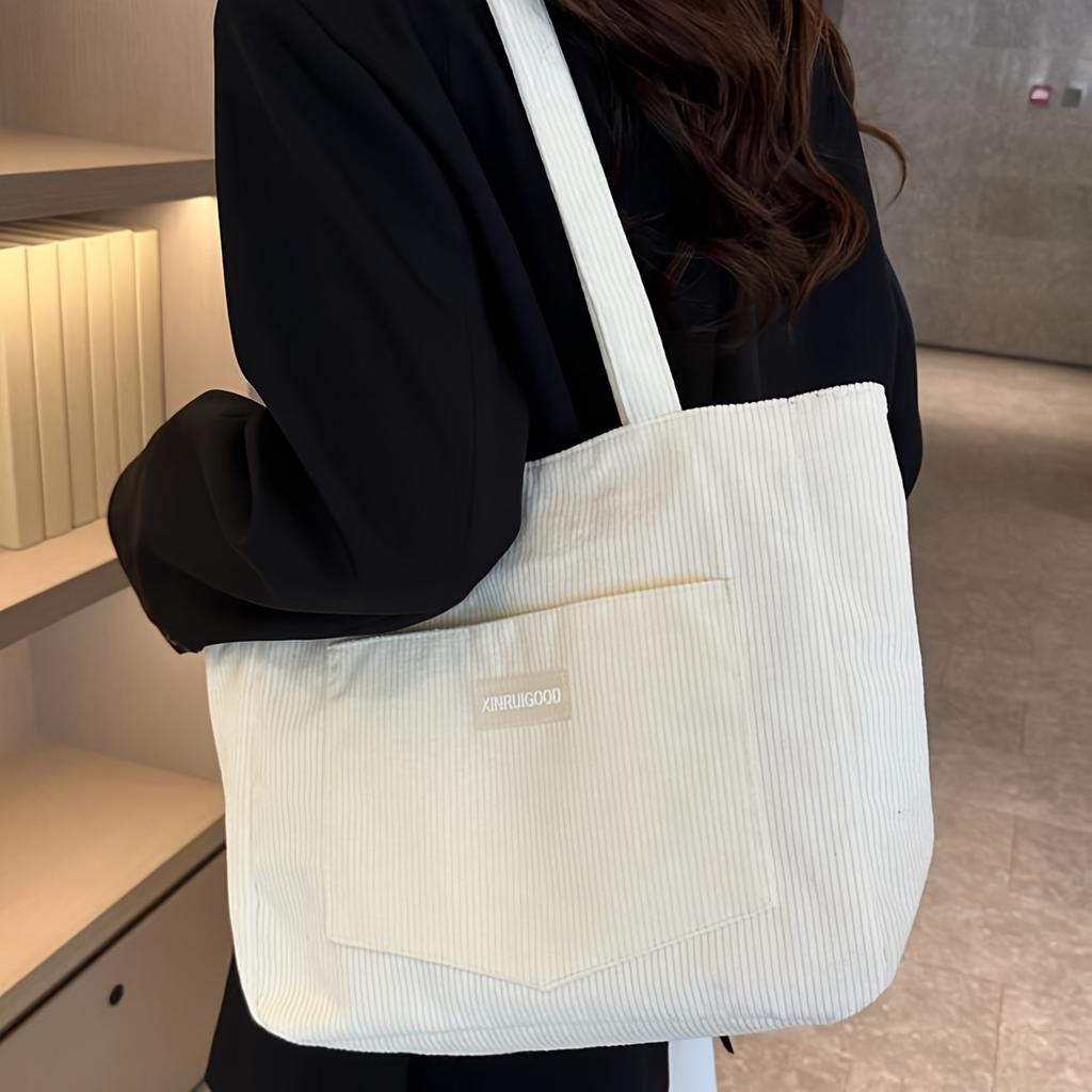 Solid Color Tote Bag, Trendy Shoulder Bag, All-Match Corduroy Handbag, Women's Classic Purse