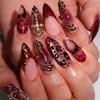 3D Pink Flower Leopard Print Detachable Wearable Nail Tips - European & American Design