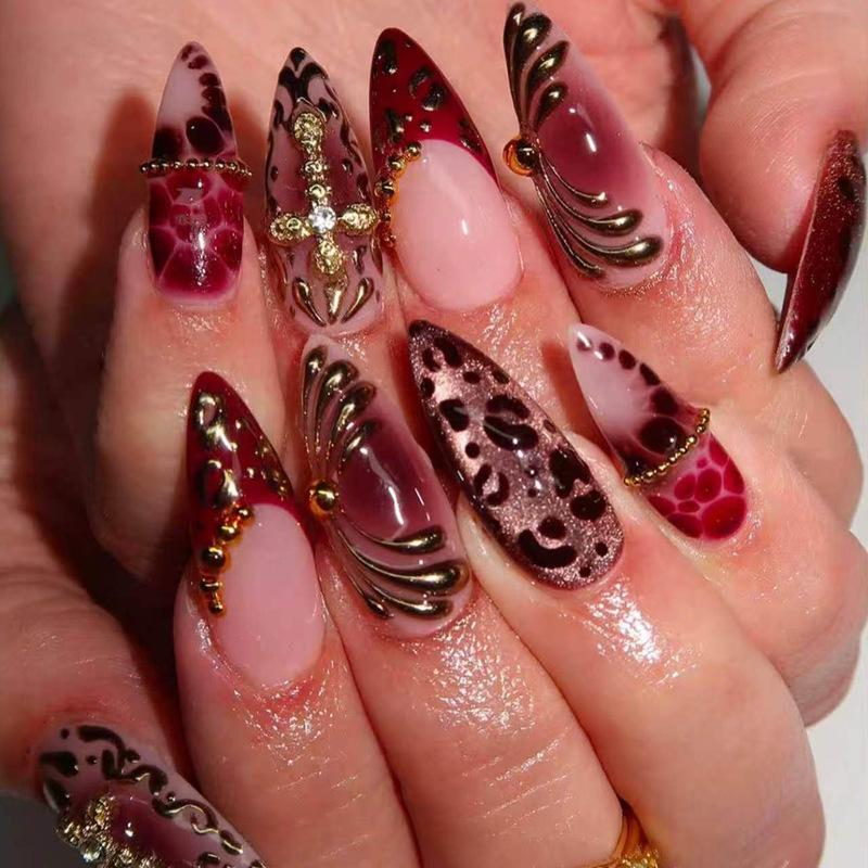 3D Pink Flower Leopard Print Detachable Wearable Nail Tips - European & American Design