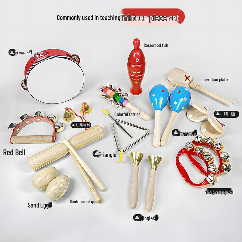Children's Orff Percussion Instruments: Triangle, Castanets, Maracas, Tambourine, Wood Block, Cymbals