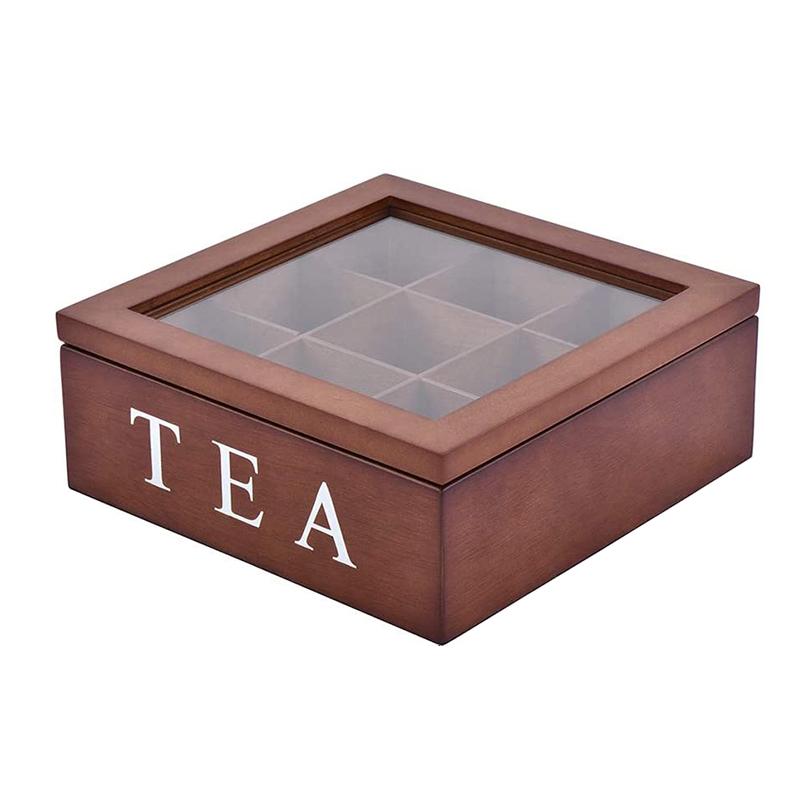 Vintage Wooden Tea Box 9 Grids Jewelry Organizer Display Case with Clear Lid for Coffee Tea Bags Storage Home Desktop Decor