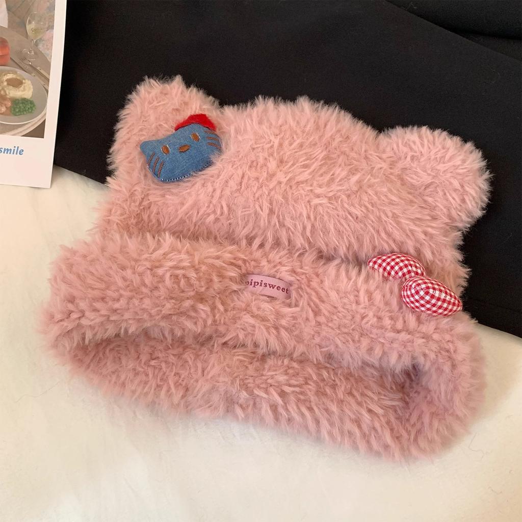 Cute Kitty Cat Plush Knitted Hat Women's Thickened Warm and Cold Woolen Hat Showing Small Face Ear Protection Hat