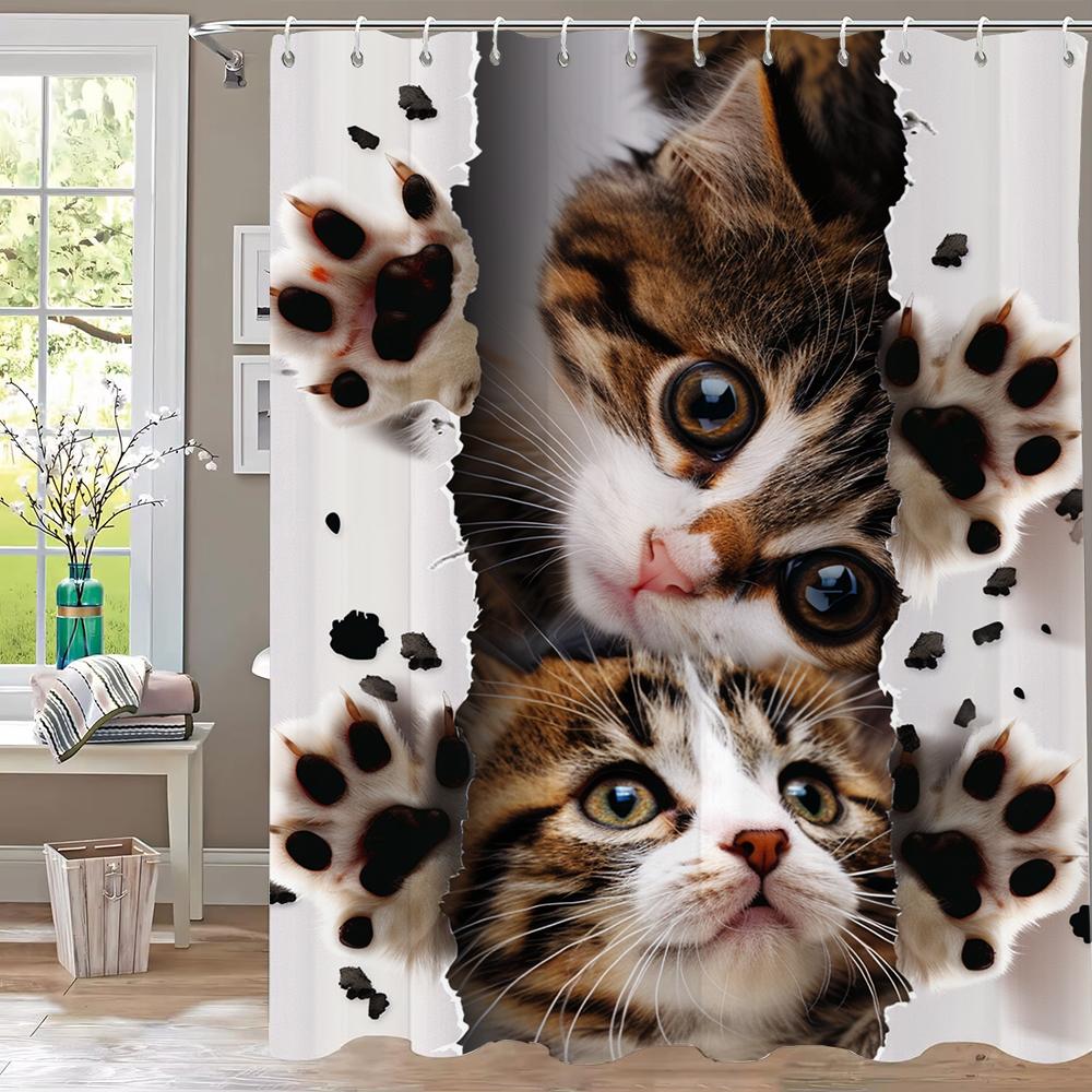 1pc Creative and Interesting Cat with Holes Shower Curtain Bathroom Curtains With Hooks,Printed Curtain Home Decoration Curtain