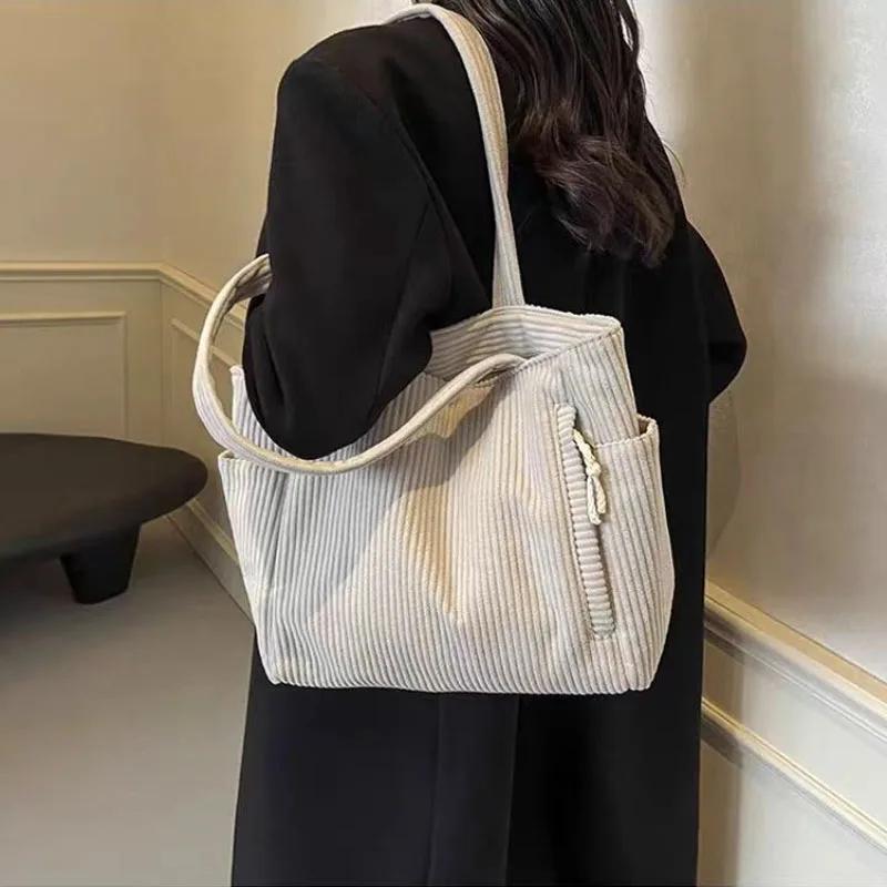 Women Corduroy Tote Bag with Zipper Closure Casual Multi Pocket Handbag Large Capacity Fixed Shoulder Strap Commute Shoulder Bag