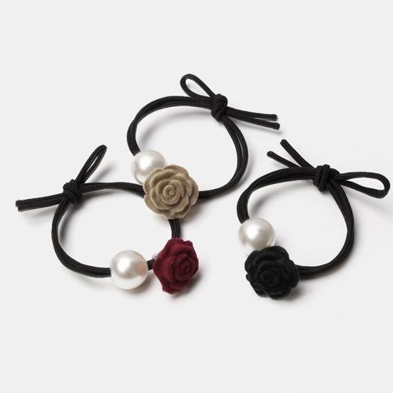 4Pcs Hair Rope Flocking Rose Flower Imitation Pearl Decor Hair Tie Soft No