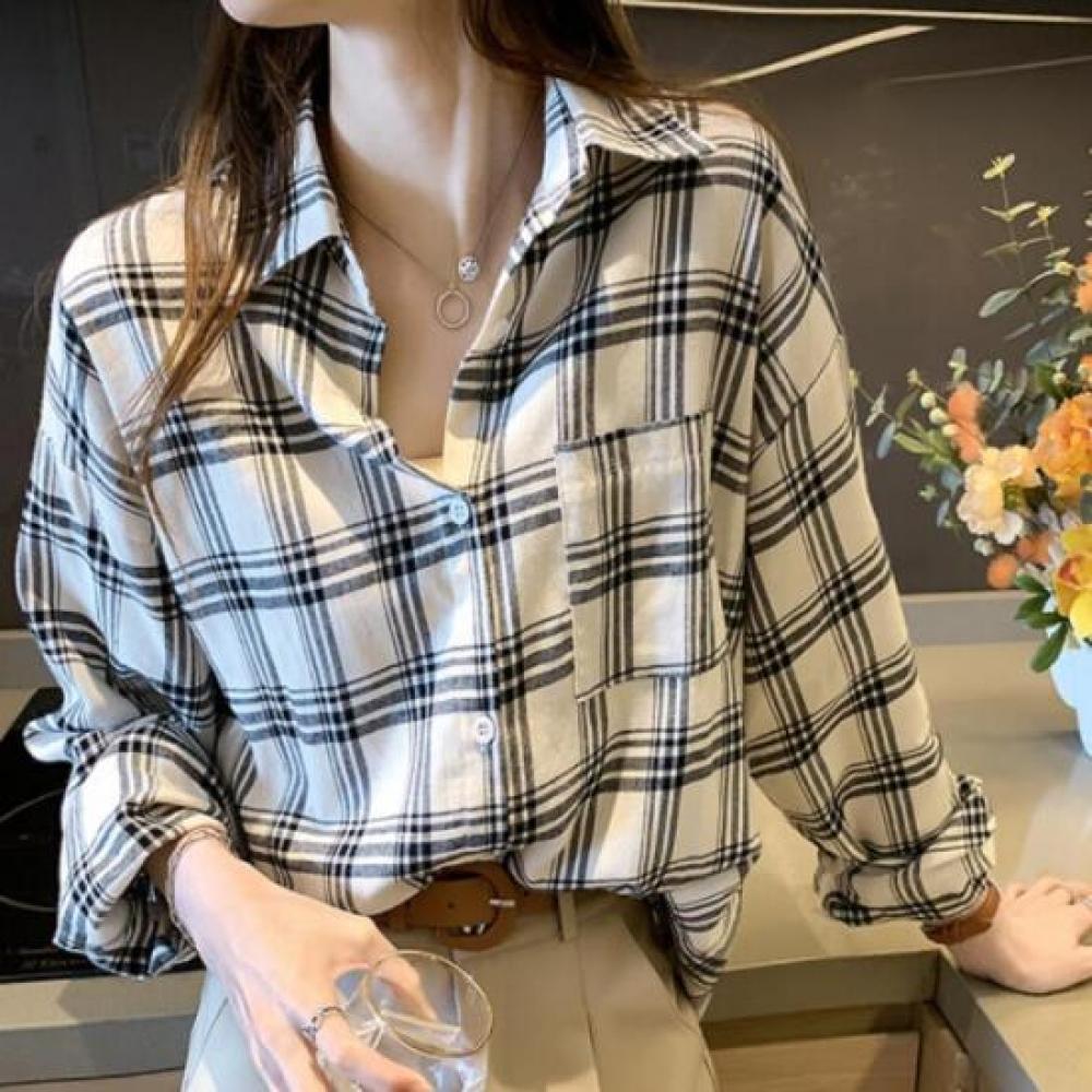 New Arrivals Open Run Oversized Pocket Check Women Shirt 2color