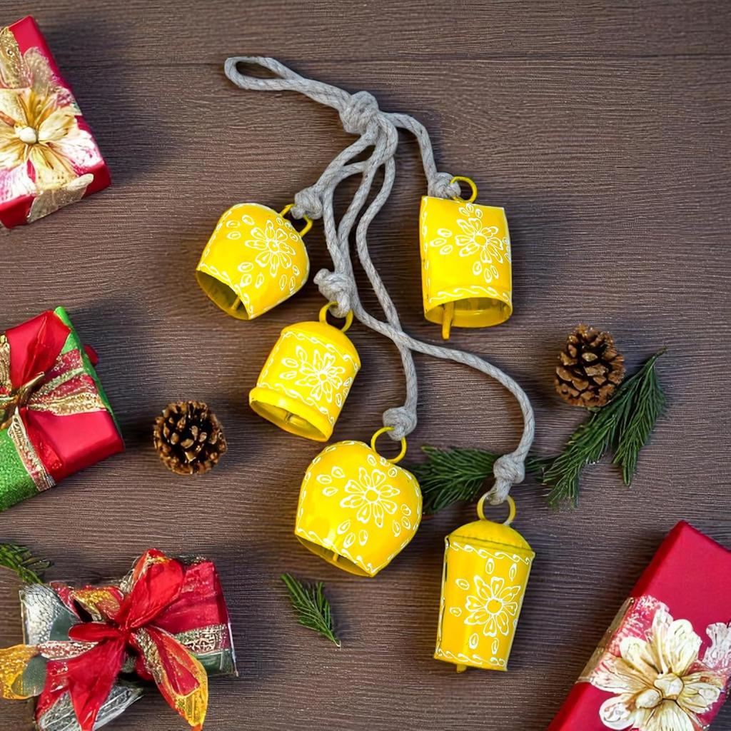 Hand Painted 25 Inch Rustic Wind Chime with 5 Floral Bells for Garden Porch Decor and Soothing Melodic Sounds (Yellow)