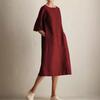 Women's Fashion Casual Crew Neck Medium Sleeve Cotton and Linen Pocket Dress