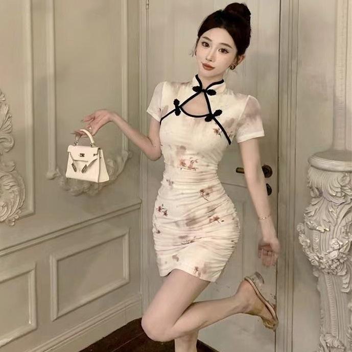 Summer Women's Retro Qipao Dress: Waist-cinching, Hip-hugging, Frog Button, Tie-dye, Hollow-out, Pleated Short Skirt
