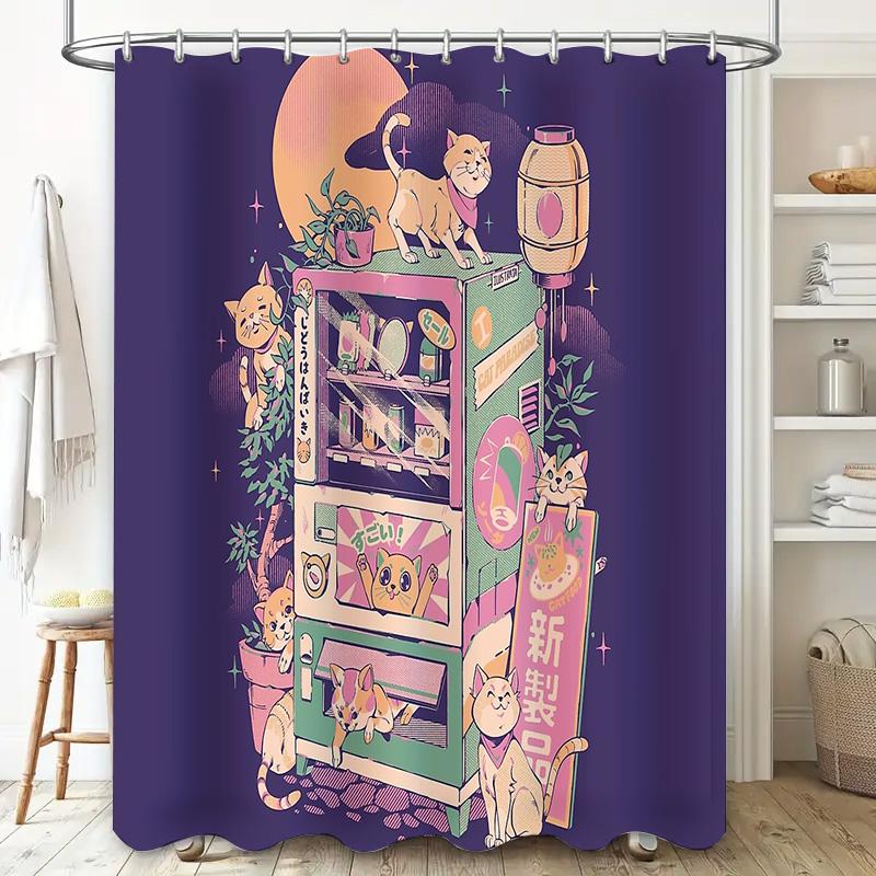 Japanese Cat Ramen Shop Anime Shower Curtain Waterproof Bathroom Decor Japanese Style Cute Kawaii Room Divider Backdrop
